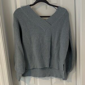 Pink Rose V-Neck Ribbed Knit Sweater - Slate Gray